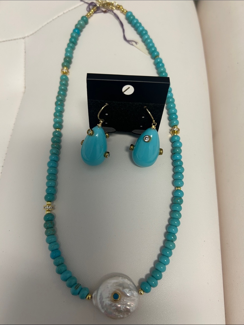 Turquoise Bead Necklace and Teardrop Earrings Set - Turquoise